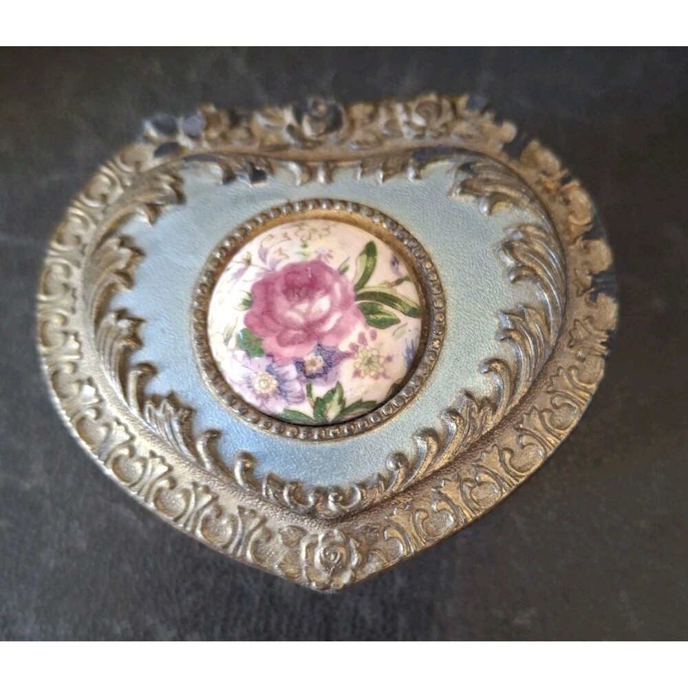 Heart Trinket Box Golden Metal Jewelry  Porcelain Floral Cameo Red Velvet Lined
